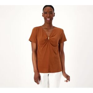 Maya J Women's Top Sz S Short Sleeve Pleated Neckline SkinnyLatte A611550